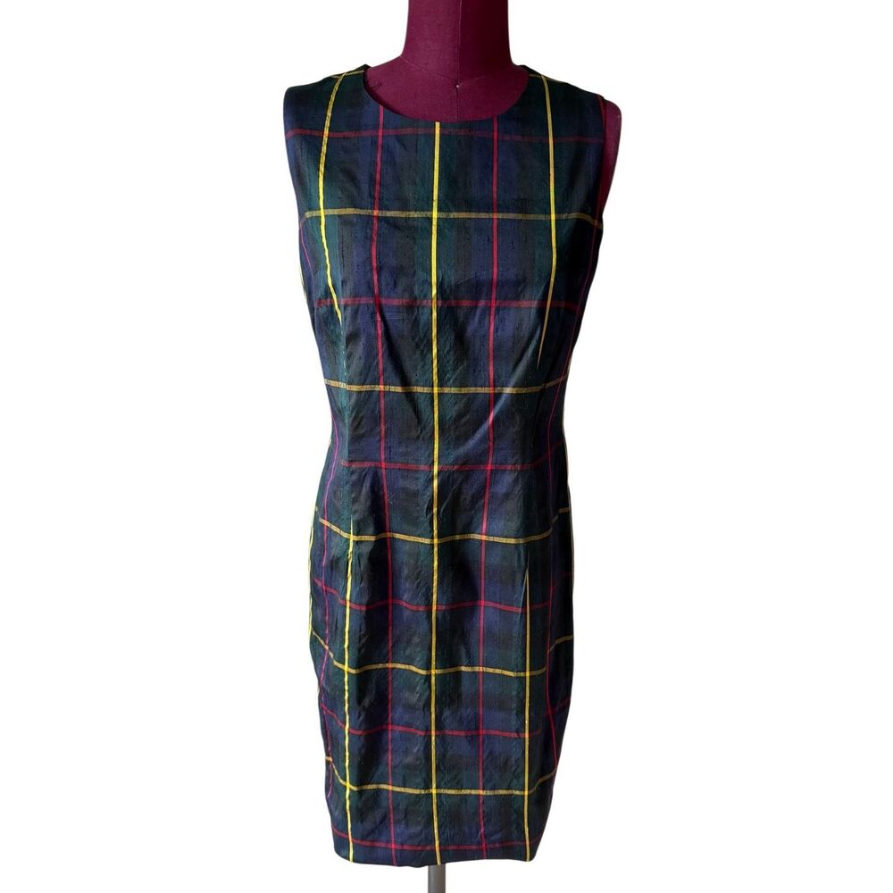 Brooks Brothers Dress Sheath Sleeveless Preppy Plaid Green Silk‎ 8 - Picture 2 of 8